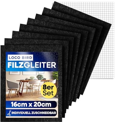 Loco Bird Felt Glides Self-Adhesive for Cutting to Size, Pack of 8, 16 x 20 cm, 4 mm, Black, Furniture Glides for - ShopVlot
