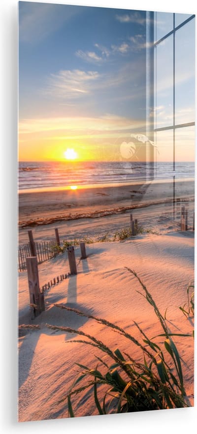 MuchoWow® Glasschilderij 40x80 cm - Schilderij acrylglas - Strand - Zee - Duin - Zonsondergang - Landschap - Foto op glas - Muurdecoratie woonkamer - Wanddecoratie slaapkamer - Schilderijen