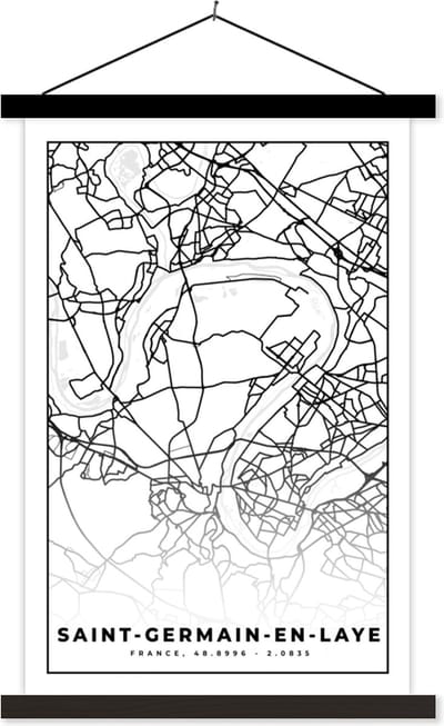 Posterhanger incl. Poster 40x60 cm - Schoolplaat - Kaart – Plattegrond – Frankrijk – Saint-Germain-en-Laye - Stadskaart - Zwart wit - Textielposter - Zwarte latten - Stadskaart