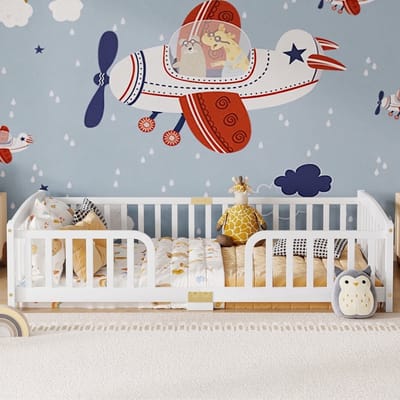 Vloerbed 90x200 cm – Kinderbed met Veiligheidsrek en Centrale Instap – Grenenhout – Wit-Matras niet inbegrepen