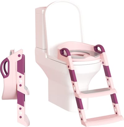 Toiletbril met Trapje - Toilettrainer met Handvaten en Opstapje - Opvouwbaar Toilet Bril Zitje - WC Zindelijkheids Training voor Jongens/Meisjes - Kindertoiletbril Urinoirs voor Kind/Peuter van 2 tot 7 jaar - Toiletverkleiner roze