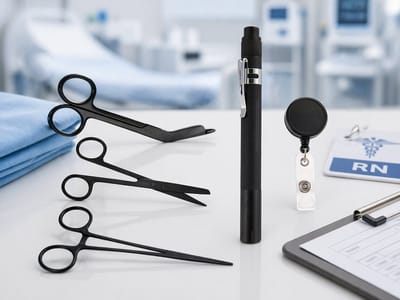 Verpleegkundige Accessoires Set Stealth Black – Badgehouder Jojo – LED Penlight – Scharenset – Cadeauset voor Zorgpersoneel
