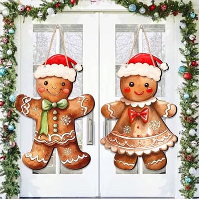 Kerstdeurhanger Peperkoekmannetje - 2 Stuks - Houten Decoratie - 30 x 15 cm - Schattige Versiering - Voor Binnen/Buiten - Kerstdecoratie