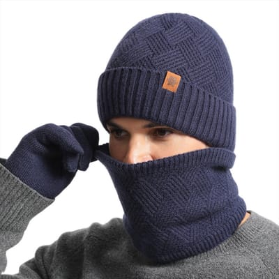 Mannen Winter Set 3-delig - MutSjaal Handschoenen - Alpaca Wol Mix - Marineblauw - Gevoerd Warm - Winddicht - Elastisch Ademend - Uniseks Design - Dagelijks Gebruik