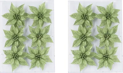 24x stuks decoratie bloemen rozen groen glitter op ijzerdraad 8 cm - Decoratiebloemen/kerstboomversiering/kerstversiering