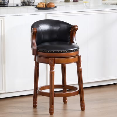 Wishdor Barkrukken - Draaibare Zitting Met Gebogen Rugleuning - Modern Ontwerp - Voor Keuken Of Bar - Houten Frame Met Leren Bekleding, Sponsvulling En Houtnerflook - Zwart - Zithoogte 66 Cm