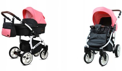 BabyLux® Kinderwagen 2in1 – OPTIMAL - BLACK CORAL WHITE FRAME - Opklapbare Wandelwagen incl. Reiswieg, Multifunctionele Buggy Sportstoel - Combi-kinderwagen met Luiertas, Regenhoes, Klamboe, Bekerhouder, etc.