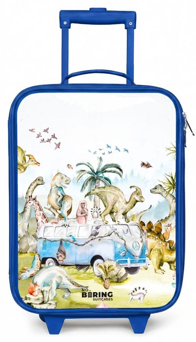 NoBoringSuitcases.com® - Kinderkoffer blauw - Kindertrolley jongen - Busje met dino's - Koffer kind lichtgewicht - Reiskoffer trolley voor kinderen - Koffertje met lichtgevende wieltjes - Rolkoffer