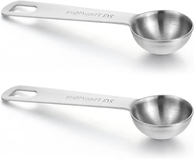 Set van 2 metalen maatlepels met lange handgreep voor koffie, losse thee, eiwitpoeders en specerijen - 1 theelepel, 1/3 eetlepel, 5 cc, 1/6 oz