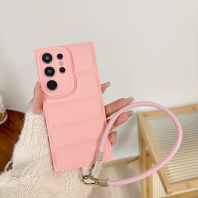Luxe Polsband Lanyard Hoesje voor Samsung Galaxy S25 S24 S23 S22 S21 Plus FE Ultra A26 A36 A56 A35 A55 De Puffer Zachte Cover A55 beige