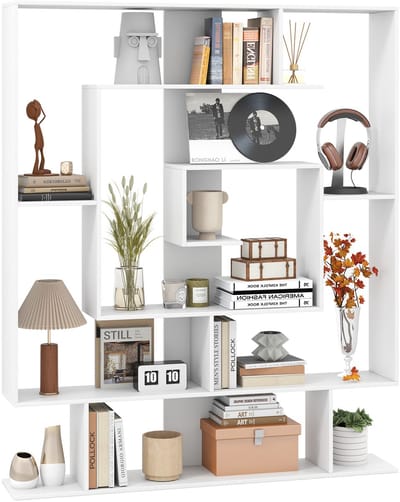 COSTWAY Boekenkast met 7 niveaus, ruimteverdeler, geometrisch staand rek, kantoorplank, opbergrek voor woonkamer, werkkamer, kantoor, 125 x 22 x 150 cm (wit)