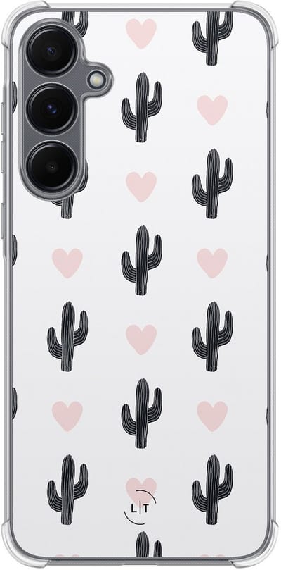 Shockproof hoesje - Geschikt voor Samsung Galaxy A35 - Cactus hartjes - Extra sterke case - TPU/polycarbonaat - Planten - Wit, Transparant