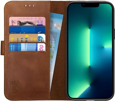 Rosso Deluxe Echt Leer Book Case Hoesje Geschikt voor Apple iPhone 13 Pro Max | Ruimte voor drie pasjes | Portemonnee Book Case | Met Pasjeshouder | Bruin