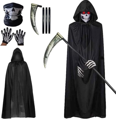 Zwarte Grim Reaper Cape met Kap, Gezichtsmasker en Handschoenen voor Halloween, Cosplay en Feestdecoratie
