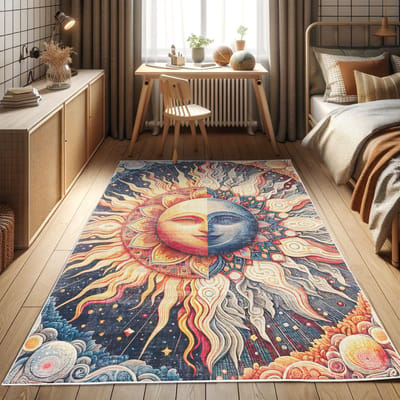 ABAKUHAUS Vloerkleed - Woonkamer Tapijt – zon en maan – Hoogpolig – 76 x 152 cm – lichtoranje