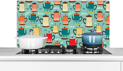 Spatscherm keuken 100x50 cm - Kookplaat achterwand Patronen - Thee - Theepot - Vintage - Muurbeschermer - Spatwand fornuis - Hoogwaardig aluminium