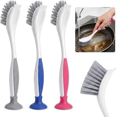 Set van 3 afwasborstels met zuignap, ergonomische afwasborstel met antislip handgreep, duurzame keukenborstel voor - ShopVlot