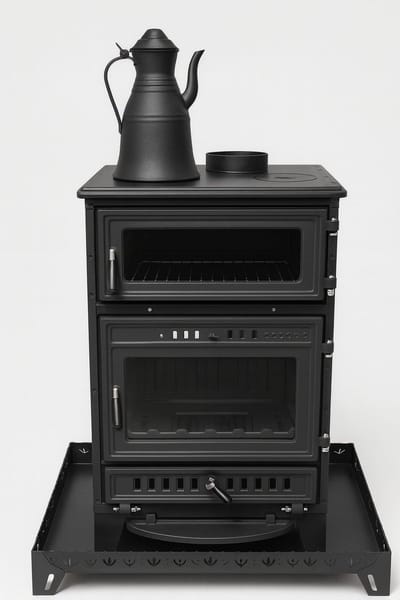 S107 Sabah Open Haard Met Oven – Houtkachels – Gietijzer Haardkachel- Mat Zwart – 15,87 KW – Inclusief Kachelpijpen, Bakplaat, Ovengrill, Haak en Schraper -Zwart