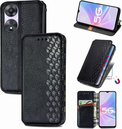 Luxe PU Lederen Ruitpatroon Wallet Case + PMMA Screenprotector voor OPPO A78 5G _ Zwart