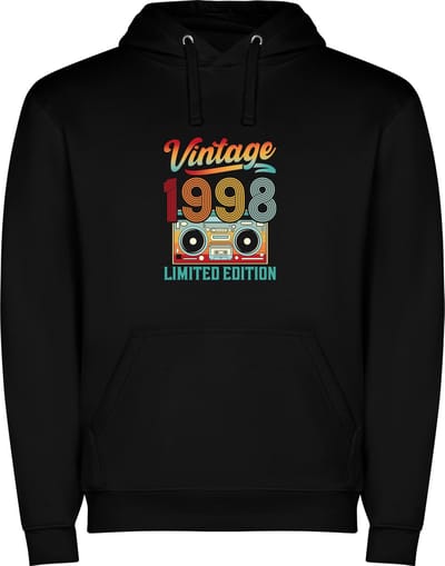 Zwarte unisex hoodie met “ Kleurrijke Vintage 1998 Limited Edition met Cassetttebandje – Verjaardag “ Print Full Color Color merk Roly maat S