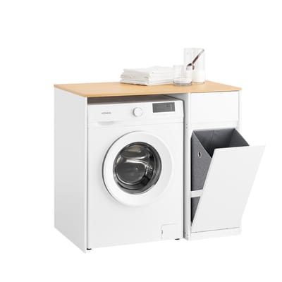 SoBuy Wasmachinekast - badkamermeubel met wasmand en lade, voor wasmachine en wasdroger, kast voor wasmachine van hout, wit, 100 x 60 x 90 cm, BZR217-WN