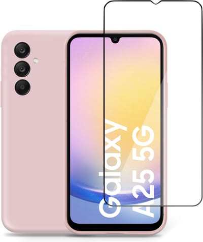 Hoesje + Screenprotector geschikt voor Samsung Galaxy A25 – Full Screen Tempered Glass - Liquid Back Case Cover Rose