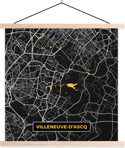 Posterhanger incl. Poster 40x40 cm - Schoolplaat - Villeneuve-d'Ascq – Plattegrond – Frankrijk – Kaart – Stadskaart - Textielposter - Blanke latten - Stadskaart