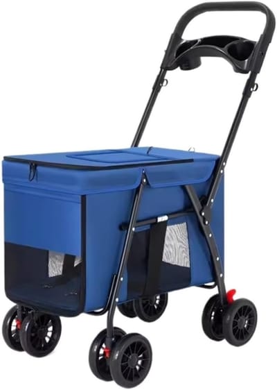 Huisdier Wandelwagen - Hondenbuggy Kattenwagen - Buitenactiviteiten - Opvouwbaar Draagbaar - 30 kg Capaciteit - Blauw