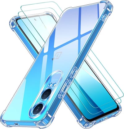 Casemania Hoesje Geschikt voor OnePlus Nord CE 4 Lite - Transparant & 2X Glazen Screenprotector - Anti Shock Hybrid Back Cover
