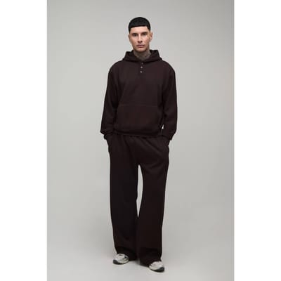 Lang Oversized Boxy Henley Hoodie En Wijde Pijpen Joggingbroek | Chocolate | Size Small