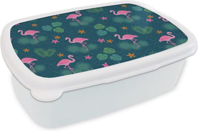 Broodtrommel Wit - Lunchbox - Brooddoos - Flamingo - Planten - Patroon - 18x12x6 cm - Volwassenen