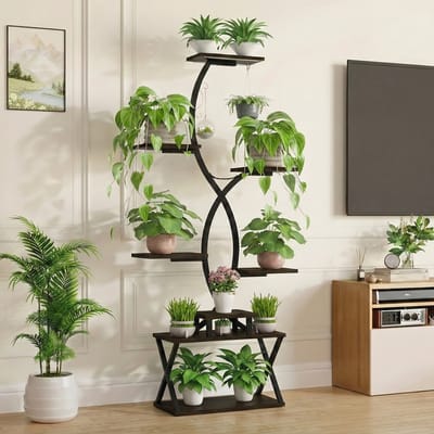 Plantentafel-Plantenstandaard binnen-8-laags S-vormige metalen plantenstandaard-Met groeilampen-verstelbaar -157,48 cm hoog.