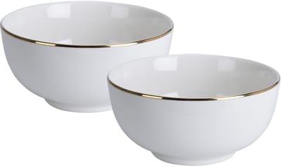 Kommetje/serveer schaaltje - 2x - wit met gouden rand - D14 x 7 cm - porselein - ontbijt/hapjes - stapelbaar - Soepkommen