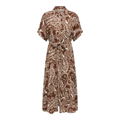 Only bruine dames jurk   Punt kraag   Regular fit   Paisley patroon   Knoopsluiting   Korte mouw Bruin XL