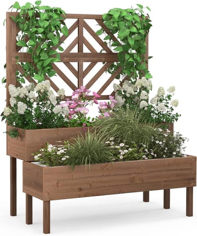 COSTWAY Bloembak met spalier van dennenhout, tuinspalier met 2 rankkasten, plantenbak voor klimplanten, verhoogd bloembed met rankrooster en drainagegat, bloempot voor tuin, binnenplaats, balkon