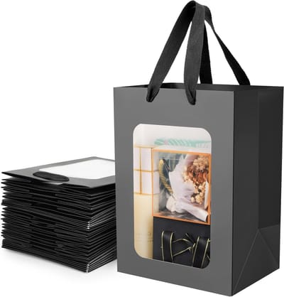 Gift bags met venster - 20 stuks - Papieren tas met handvat - 210g/m² - 18 x 13 x 25 cm - Cadeauverpakking - Zwart - Perfect voor feestjes en evenementen