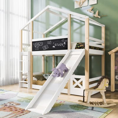DESMIU Huisbed 90x200cm – Hoogslaper Voor Kinderen Met Glijbaan En Ladder – Speel- En Slaapgedeelte Met Tafelbord – Massief Hout – Wit – Zonder Matras