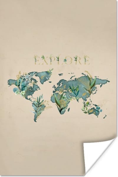 Poster 60x90 cm - Wereldkaart - Turquoise - Planten - Posters - Kamer decoratie - Wanddecoratie woonkamer - Muurdecoratie slaapkamer