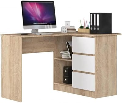 Hoekbureau met laden - Werktafel - Thuiswerken of studeren - Glanzend krasbestendig oppervlak - 124x85x77 cm - Eiken Sonoma Wit