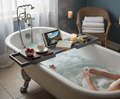Luxe Badplank Uitschuifbaar (75-109 cm) - Modern Grijs - Badrekje met Tablet-, Telefoon- & Wijnglashouder - Waterbestendig Bamboe - Spa Accessoire