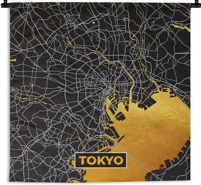 Wandkleed - Wanddoek - Tokyo - Stadskaart - Goud - Plattegrond - Kaart - 180x180 cm - Wandtapijt