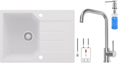 Anycee MAX Granieten Spoelbak 65x45CM - Spoelbakken Keuken Wit - Wasbak Keuken Met Lagedruk keukenkraan en Zeepdispenser - Spoelbak Met Planchet en Afdruiprek - Spoelbakken Incl. Sifon en Afvoerzeefje