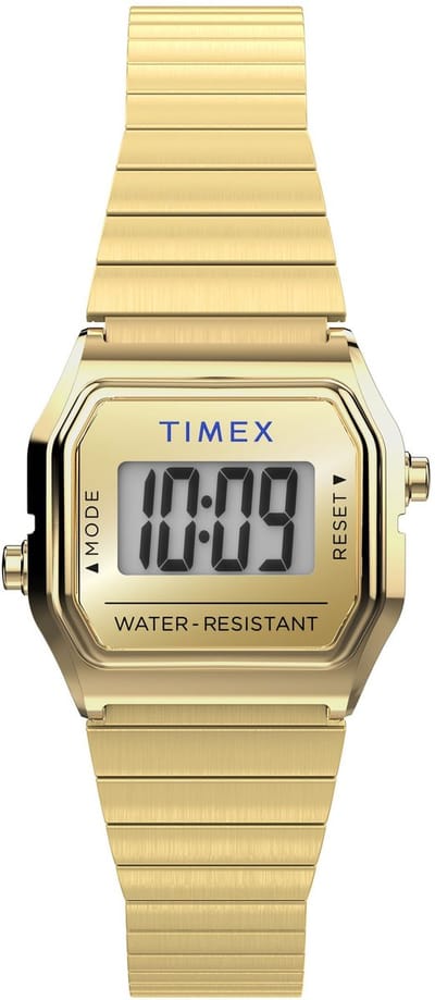 Timex Mini T80 - Silver Tone Quartz Digitaal Horloge Goudkleurig Kast Gemaakt Van 100% Roestvrij Staal En Een Armband Van 100% Roestvrij Staal 20 TW2Y46500AJ, TW2Y46600AJ