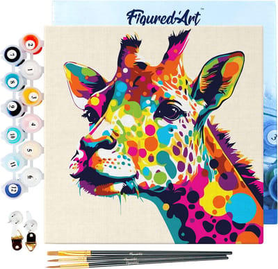 Figured'Art Mini Schilderen op Nummer Volwassenen 20x20cm met lijst Giraffe Abstracte Pop-Art - Klein Formaat Creatieve Hobby Kit DIY Art Nummer Compleet