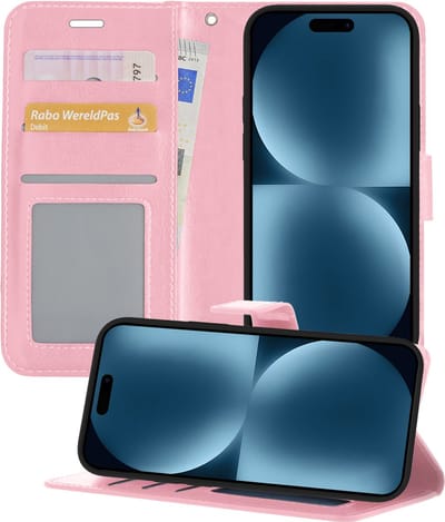 Hoesje - Geschikt voor Apple iPhone 15 - Luxe Bookcase - Walletcase Hoes - Portemonnee - Cover - Telefoonhoes - Lichtroze