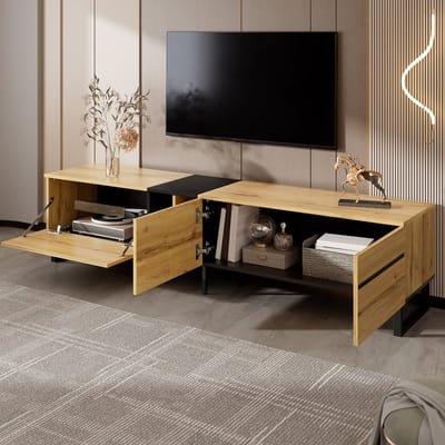 Moderne tv-meubel met klepdeurtje - open vakken en dubbele deuren - dressoir - woonkameropbergkast - veel opbergruimte - houtkleur