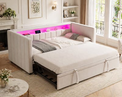 Multifunctioneel slaapbank 90x190 cm met uitschuifbaar bed – USB-C, LED-verlichting, opbergruimte & velvet – Beige