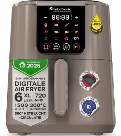 Turbotronic AF-250 Airfryer XL AirChef - 6L- Heteluchtfriteuse - Dual Heating - 50ºC tot 200ºC - 12 Kookprogramma's - Truffle Grey