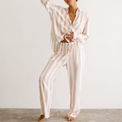 Dames 2-delige pyjama set Lange mouw gestreept print overhemd met knopen broek set Loungewear Harajuku Nachtkleding Pyjama Huiskleding M beige