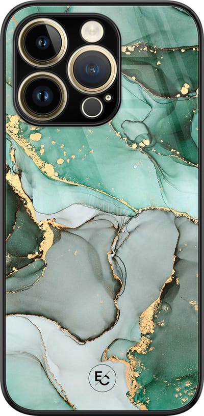 Hoesje geschikt voor iPhone 14 Pro - Marble Design - Luxe Hard Case - Marmer - Grijs, Groen - ELLECHIQ